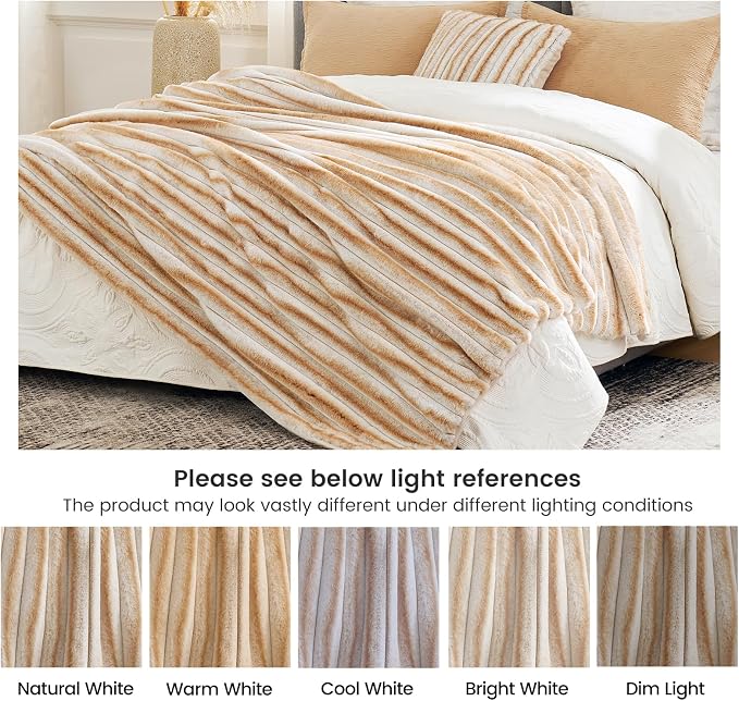 Cozy Bliss Faux Fur Throw Blanket for Couch, Cozy Warm Plush Striped Blanket for Sofa Bedroom Living Room,50 * 60 Inches Khaki