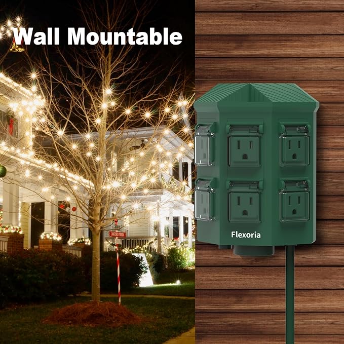 Flexora Outdoor Power Strip with 24-Hour Mechanical Timer, 100 FT Extension Cord Waterproof, 6 Grounded Outlets for Graden and Yard Decorations, ETL Listed