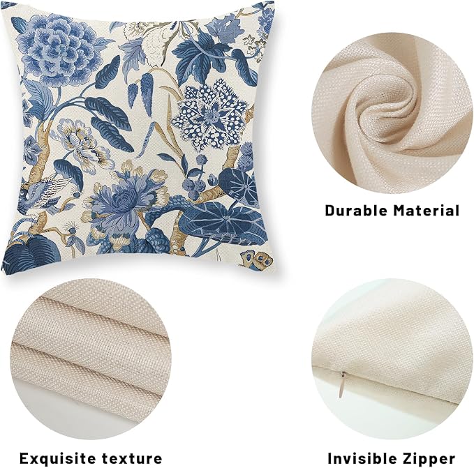 Blue Pillow Covers 24x24 Inch Set of 2 Vintage Blue Floral Throw Pillows Chinoiserie Flower Decorative Pillow Cases Outdoor Linen Farmhouse Cushion Cover for Couch Home Sofa Bed Decorations