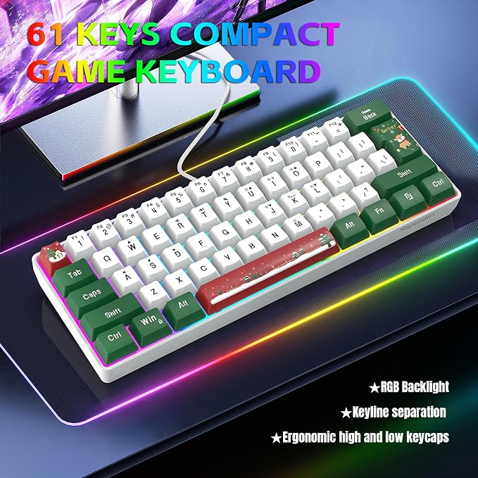 Snpurdiri 60% Wired Gaming Keyboard, RGB 61-Key (Red Green White) | Backlit Small Ultra-Compact 60 Percent Gaming Keyboard for PC/Mac Gamer, Typist, Travel, Easy to Carry on Business Trip
