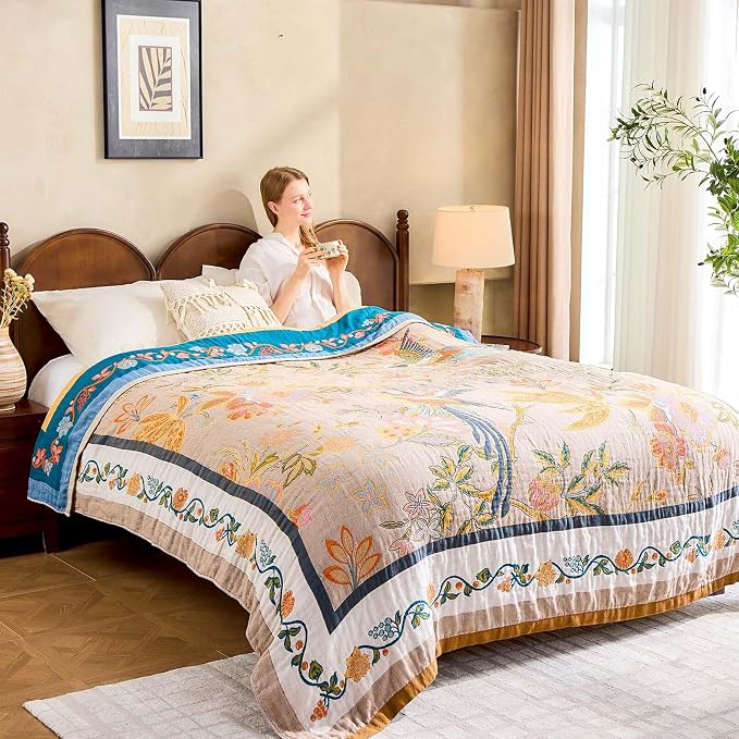 XIBLC Boho Blanket, 100% Cotton Farmhouse Decorative Throw Blanket, 80"x90" Reversible Bohemian Throw Blanket, Brown All Season Muslin Breathable Woven Blankets Quilt