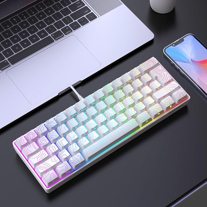 Snpurdiri 60% Wired Gaming Keyboard, 61 Keys RGB Contour Line (White) | Backlit Ultra-Compact Small Gaming Keyboard for PC/Mac Gamer, Typist, Travel, Easy to Carry on Business Trip