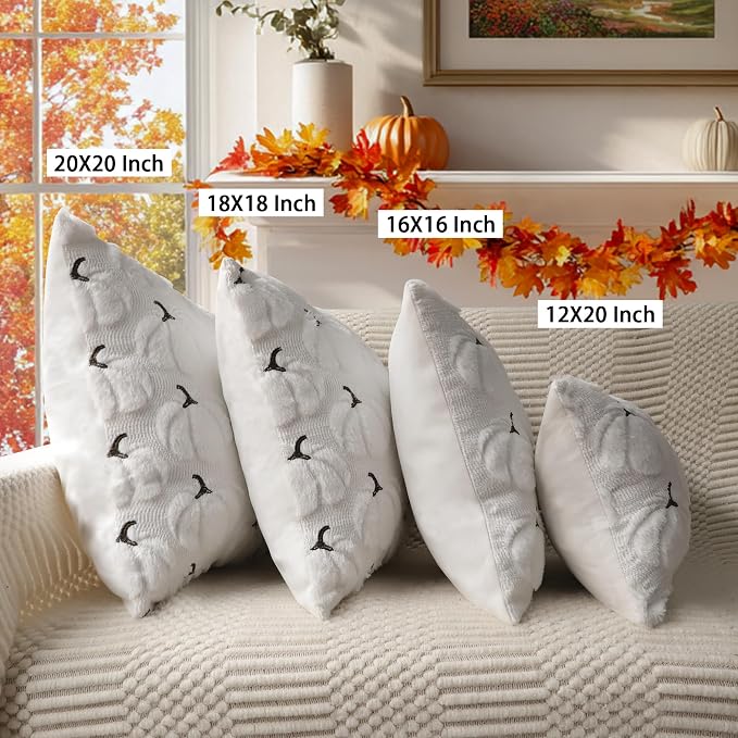 Fall Pumpkins Decorative Pillow Covers 16x16 Set of 2, White Soft Plush Faux Fur Wool Farmhouse Throw Cushion Cases for Autumn Thanksgiving Holiday Home Decorations