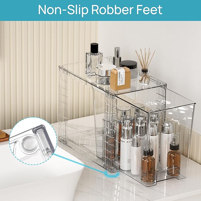 Vtopmart 2 Pack Clear Stackable Storage Drawers,9.7" High Plastic Organizers Bins for Skincare, Bathroom Supplies,Ideal for Cabinet,Undersink,Vanity,Kitchen,Pantry Organization