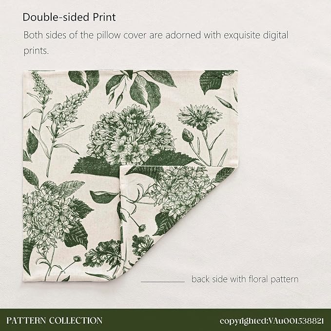 Foindtower Set of 2 Linen Floral Throw Pillow Covers Neutral Vintage Print Decorative Cozy Cushion Covers Farmhouse Boho Home Decor for Sofa Chair Couch Bedroom Living Room,18×18 Inch,Dark Green