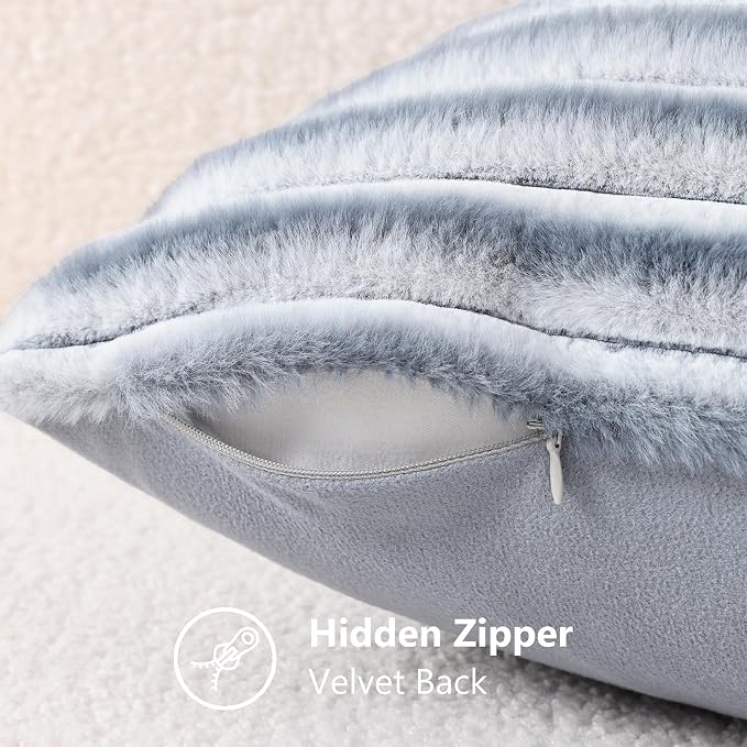 decorUhome Fall Faux Fur Throw Pillow Covers 12x20 Set of 2 Grey White | Decorative Soft Cozy Striped Plush Modern Farmhouse Boho Couch Pillow Cases Velvet Back for Sofa Bed Living Room Home Decor