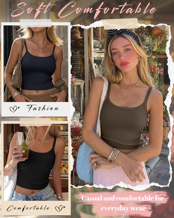 Ficerd 3 Pack Women's Tank Tops 95% Cotton Spaghetti Strap Ribbed Crop Camisole Slim Fitted Basic Summer Sleeveless Layer