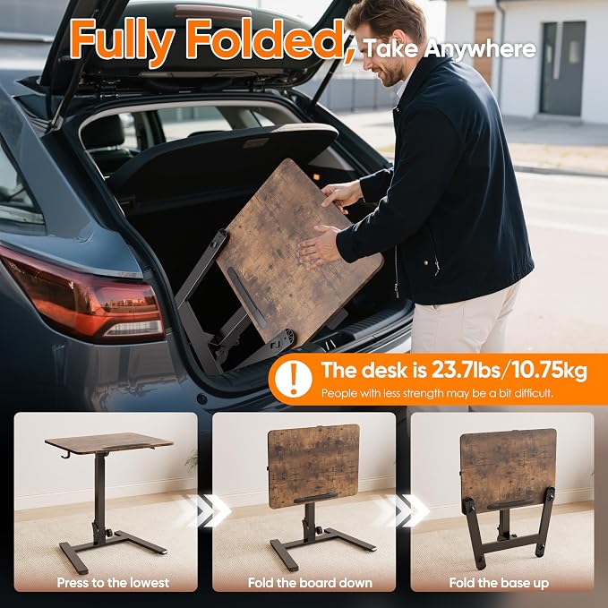 Monomi 25“ Mobile Folding Desk,Pneumatic Sit-Stand Table,No Assembly,Brown