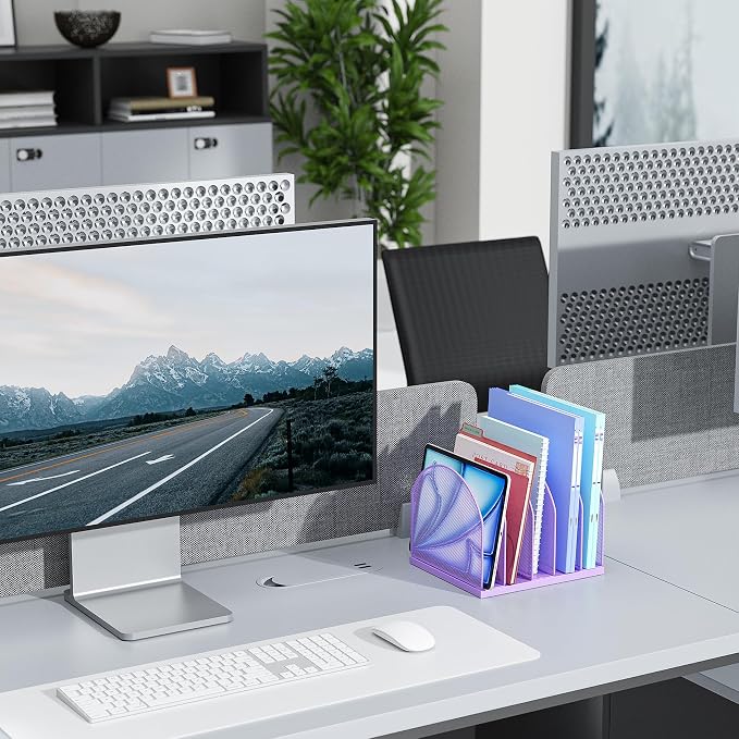 gianotter Desktop File Organizer with 5 Compartments | Desk Organizer Paper Organizer for Desk Workspace Organizers for Office Supplies (Purple, Upright Style)