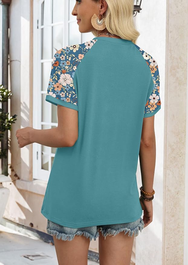 WIHOLL Womens Summer Tops Color Block Short Sleeve Raglan Shirts Spring Fashion Clothes Vacation Outfits