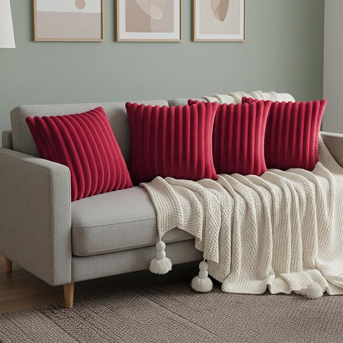 Red Throw Pillow Covers 20 x 20 Set of 4, Cute Boho Throw Pillow Cover for Couch/Bed, Decorative Pillows Covers for Sofa/Bed, Accent Pillow Covers for Living Room, Rustic/Home/Room Decor