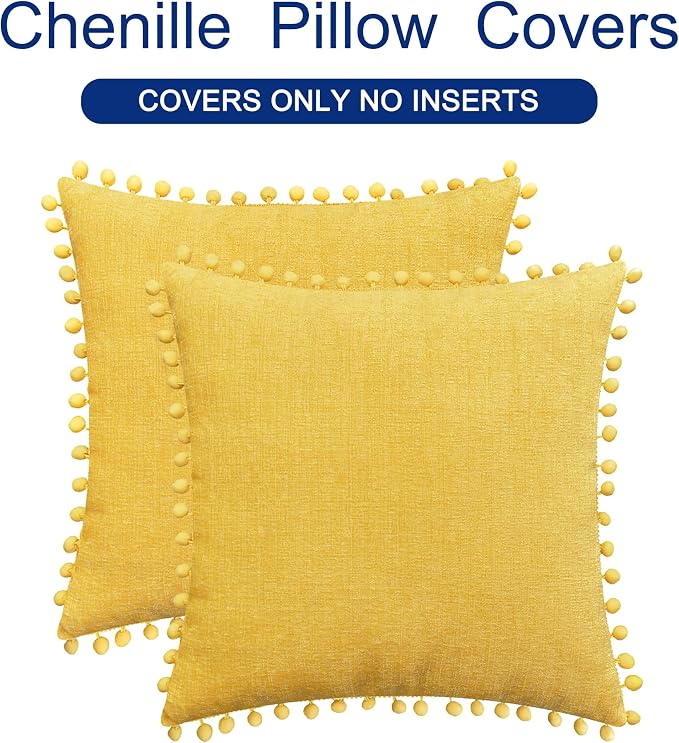 CaliTime Decorative Throw Pillow Covers 22 X 22 Inches Mustard Yellow | Pack of 2, Cozy Chenille Cushion Cases, with Pom Poms for Sofa Bed Living Room Farmhouse Home