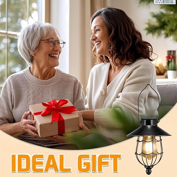 Solar Lanterns Outdoor Hanging Metal Vintage Lantern Warm White Solar Lights lamp Waterproof Edison Bulb Design for Pathway Garden Patio Yard Tree Decoration (Black)
