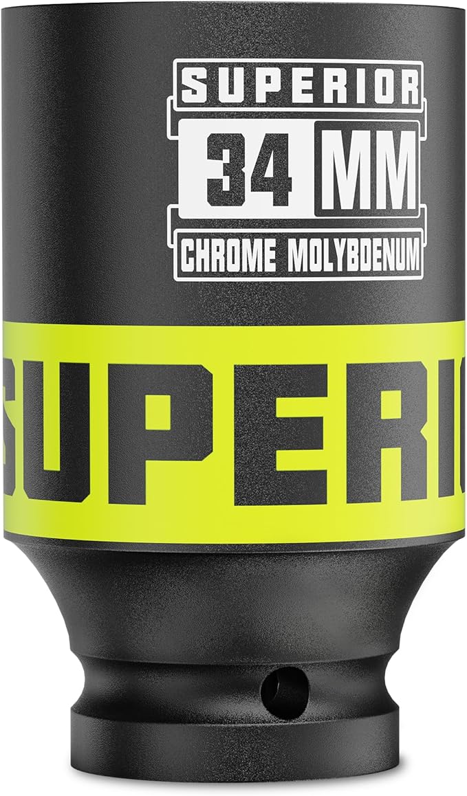 1/2" Drive Impact Socket, 34 mm Deep Socket, Metric, 6 Point, CR-MO, for Automotive Maintaince Truck Tires Jumbo Fasteners