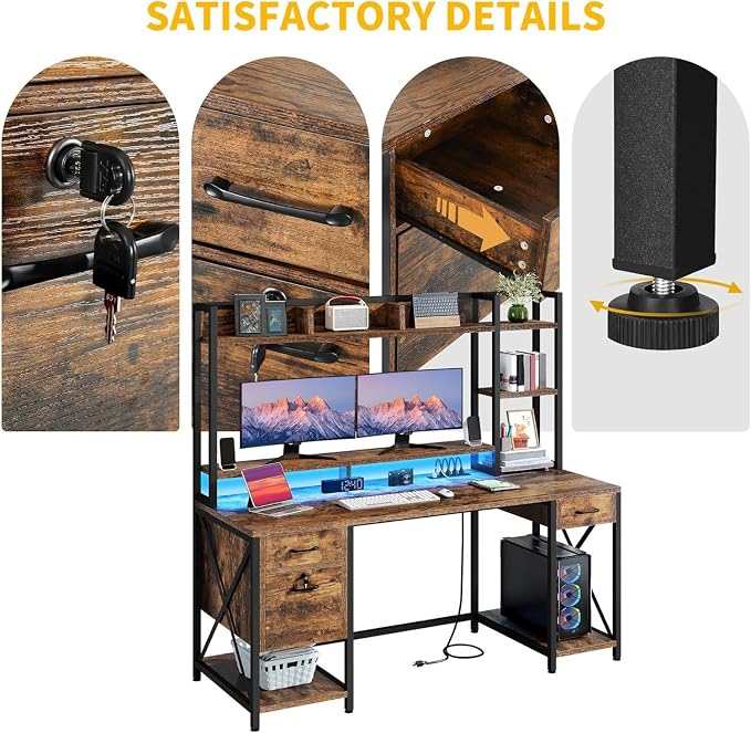 DWVO Computer Desk with Drawers & Hutch, 59.1" Office Desk with Power Outlets & LED Lights, Home Office Desk with Storage Shelves, Rustic Brown | Built-In Power Outlets, Led Lights, Hutch Shelves, Storage Drawers, for Home Office Work Study, Easy Assembly
