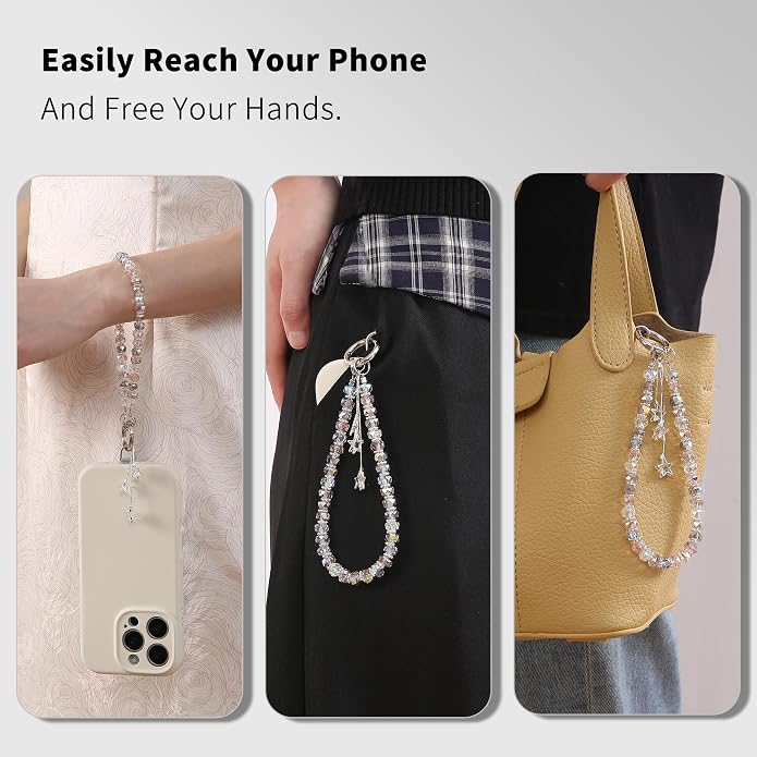 Phone Charm with Beaded Crystals, Anti-Theft Phone Strap, Hands-Free & Detachable Cellphone Lanyard, Cellphone Chain Wristlet with Tether Tab
