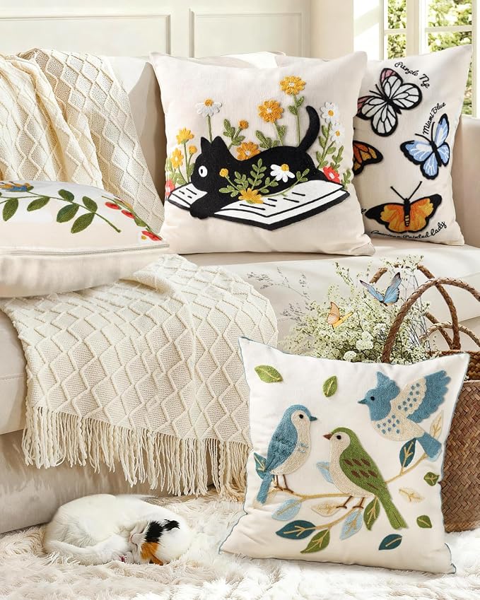 Animal Embroidered Throw Pillow Cover 20x20 Inch, Cat Floral | Decorative Pillow Cover, Farmhouse Cushion Cases with Hidden Zipper, Cottagecore Decor for Couch, Sofa, Living Room