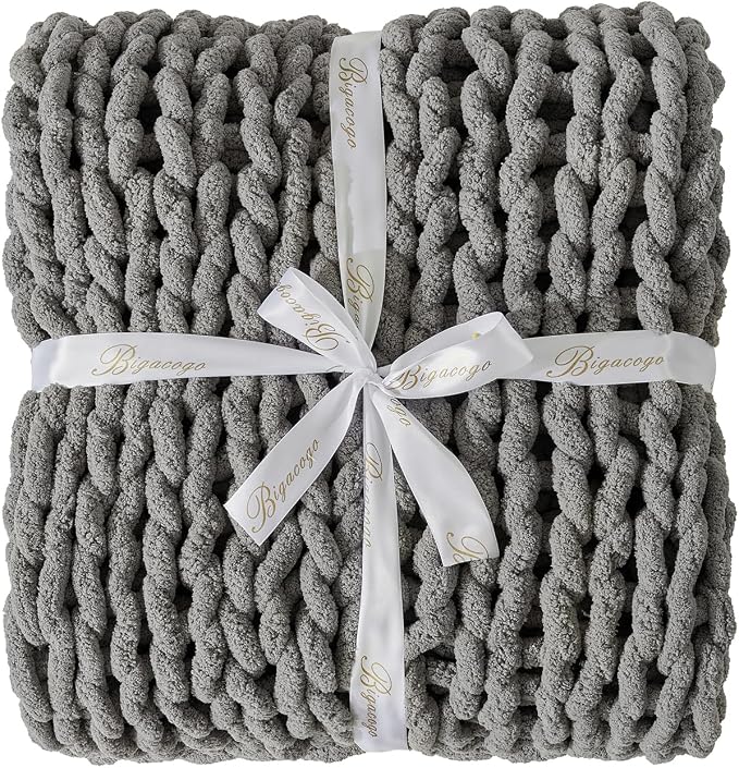 Bigacogo Chunky Knit Throw Blanket for Couch, 51x63 inches, Slate Gray | Hand Knit with Jumbo Chenille, Soft Breathable Cable Knit for Sofa Bed Living Room, Machine Washable, Gift for Mom Friend