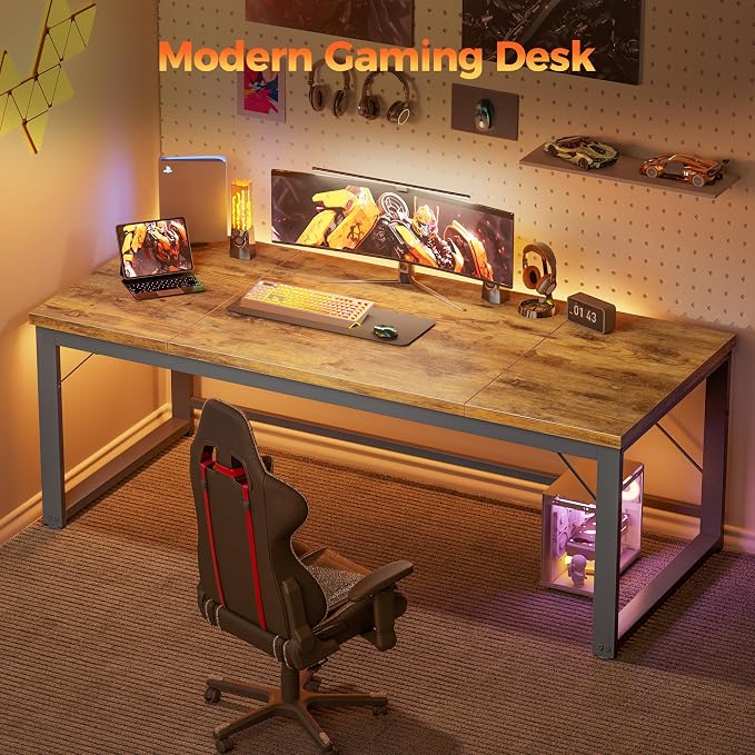 Mericonia 63x28 Inch Computer Desk, 1" Thick Large Office Table, Brown | Modern Simple Style, Heavy Duty Industrial Frame, Large Study & Writing Table for Home Bedroom Work