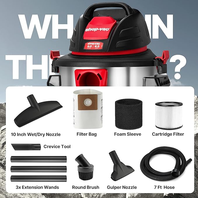 Shop-Vac 5 Gallon 4.5 Peak HP Wet/Dry Vacuum, Stainless Steel Tank, Portable Shop Vacuum with Filter, Hose and Accessories for Garage, Workshop. 5920588