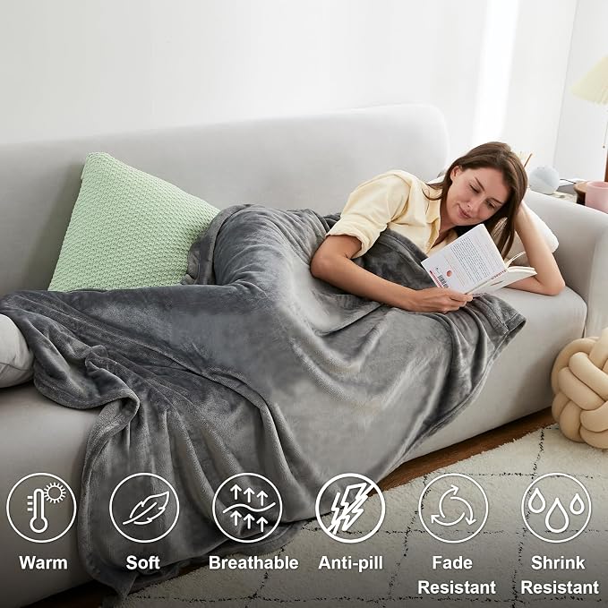 Hansleep Twin Grey Fleece Blanket, Soft Flannel Bed Blanket | Fuzzy Cozy Blanket 60 x 80 Inches, Multi-use for Bed, Sofa, Couch, Travel, Camping, All Season Warm Lightweight Cover