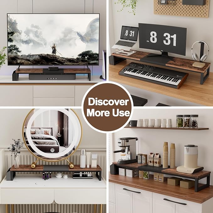LAND·VOI Dual Monitor Stand Riser,41.5'' Long Monitor Stand for 2 Monitors, Wood Computer Riser with Pocket, Desktop Oraganizer with Pen Holder, Monitor Riser for Desk Computer,Laptop,TV, Rustic Brown