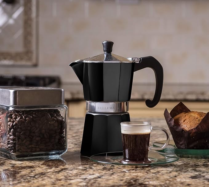 Bellemain Stovetop Espresso Maker, Italian Moka Pot, 3-Cup Black | Classic aluminum design brews rich espresso at home or camping, with an easy-to-use and easy-to-clean design.