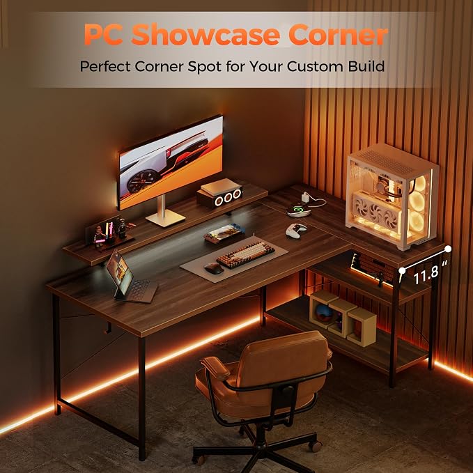 Mericonia 55 in L Shaped Gaming Desk, Large Corner Desk with Monitor Stand | Reversible Computer Desk with Power Outlets, LED Light & Storage Shelves, Office Table for Home Bedroom Study Work Writing