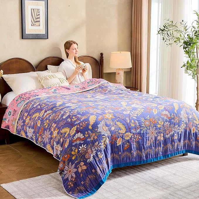 XIBLC Boho Blanket, 100% Cotton Farmhouse Decorative Throw Blanket, 80"x90" Reversible Bohemian Throw Blanket, Purple All Season Muslin Breathable Woven Blankets Quilt
