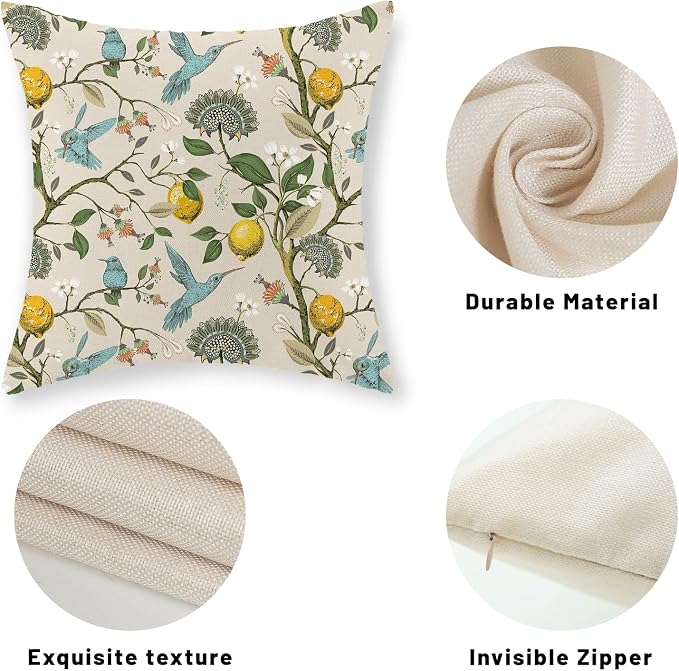 Chinoiserie Pillow Covers 20x20 Set of 2 Blue Green Bird Floral Throw Pillows Vintage Yellow Lemon Flowers Decorations Pillowcase Outdoor Chinoiserie Decor Linen Cushion Case for Couch Home