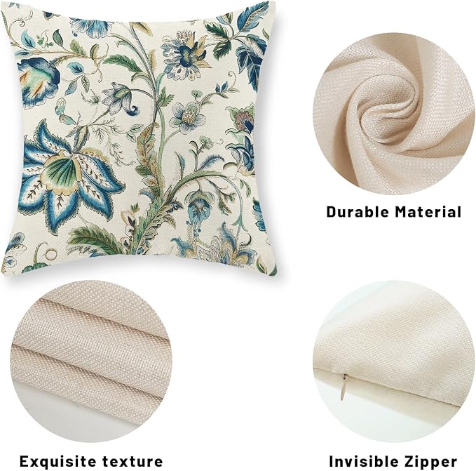 Blue Green Pillow Covers 22x22 Set of 2 Sage Green Chinoiserie Floral Throw Pillows Boho Vintage Flowers Decorative Pillowcase Outdoor Chinoiserie Decor Farmhouse Cushion Case for Couch Sofa