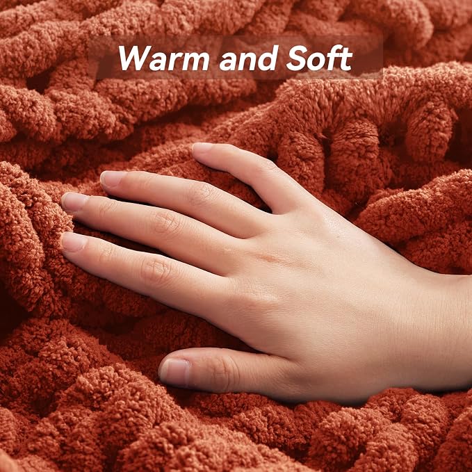 Negwoo Chunky Knit Throw Blanket, Knitted Throw Chenille Yarn, 40"*50" | Soft Thick Cable Knitted Blankets, Handmade Big Thick Blanket, Machine Washable Cute Comfy Blanket for Home Decor, Orange