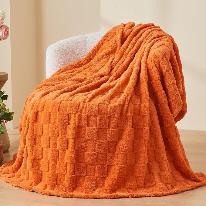 NEWCOSPLAY 3D Checkered Flannel Queen Blanket, Orange Checkered, 90"x90" | Super Soft Cute Lightweight Decorative Premium Silky Fleece Blanket for Couch Sofa Bed, Gift for Women Men, All Season Use