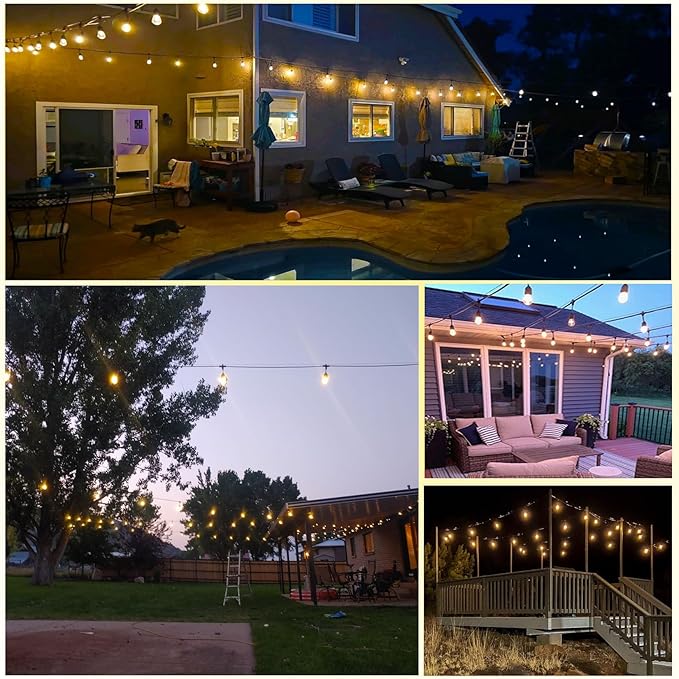 Commercial Outdoor String Lights 48FT, 15+1 LED Replaceable S14 Edison Bulbs 2200K, Black Weatherproof Cord for Patio Bistro Yard Pergola Lights, Linkable