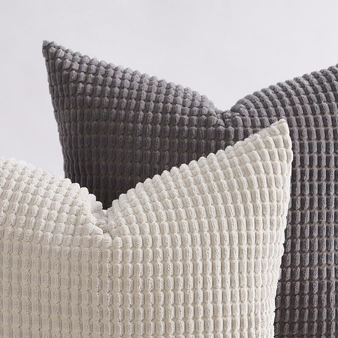 Topfinel 4 Packs Grey Decorative Throw Pillow Covers 22x22 Inch for Living Room Couch Bed Sofa, Boho Western Farmhouse Home Decor, Square Soft Moss Corduroy Fall Cushion Case 55x55 cm