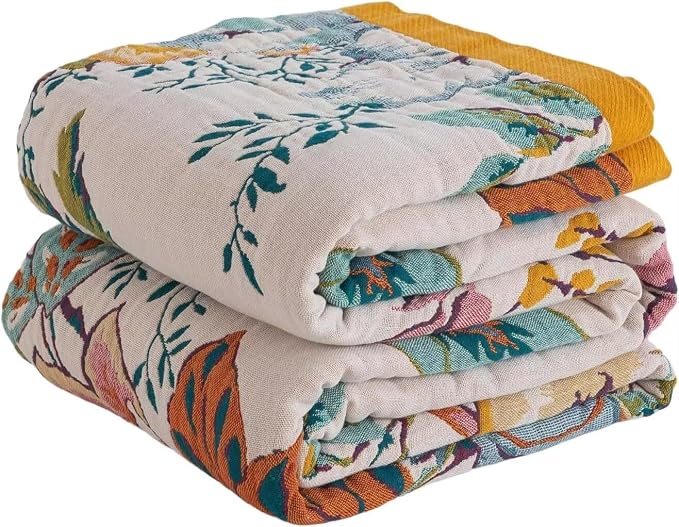 Boho Throw Blanket for Bed 100% Cotton Bohemian Blankets Ultra Soft Woven Muslin Decorative Blankets All Seasons Vintage Quilt Knitted Blanket for Sofa Chair(Beige, 90"x98")