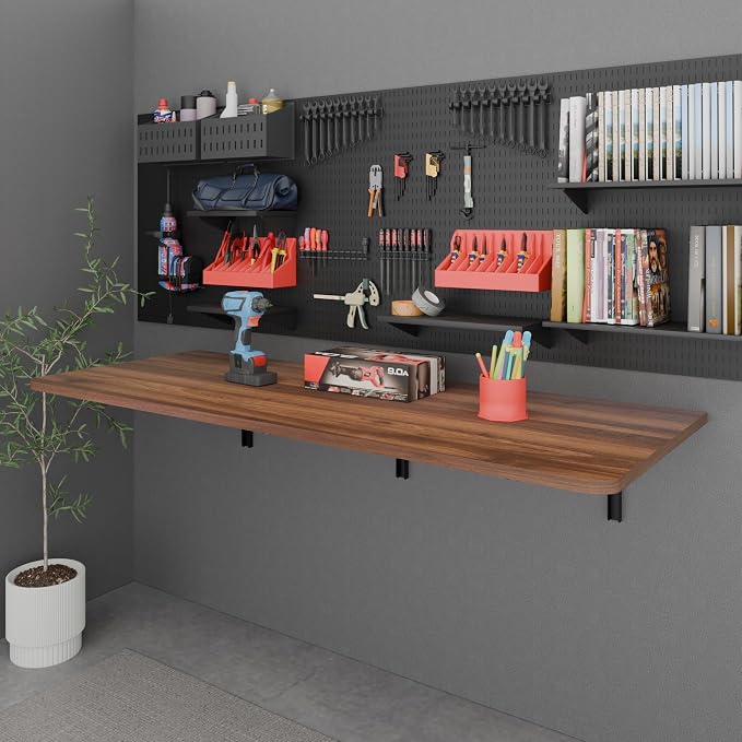 IAE 55x22in Floating Fold Desk,Wall-Mounted Folding Computer Table,Walnut | Study Table with Shelf Brackets,Foldable Down Shelf with Engineered Wood,Fold Computer Desk for Small Apartment,Holds 512 lb