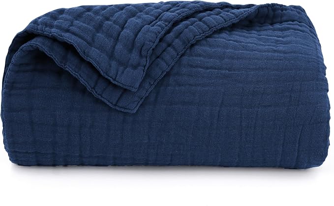 Love's cabin 100% Cotton Muslin Blanket, 6 Layer Lightweight Breathable Gauze Queen Size Blanket 90 x 90 Inches, Soft All Season Blanket for Bed, Dark Blue