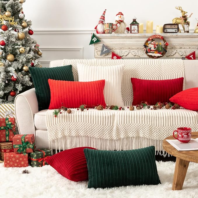 UGASA 12x24 Inch Christmas Pillow Cover Pack of 1 Soft Boho Stripe Corduroy Long Rectangle Lumbar Cushion Case Farmhouse Decorative Pilowcase for Bed, Couch, Sofa, Bedroom, Living Room, Burgundy
