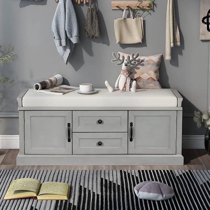 Entryway Storage Bench with Drawers & Cabinets — Cushioned Shoe Storage Bench for Hallway, Mudroom, or Living Room, Solid Wood Frame (Gray Wash)