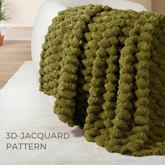 Whale Flotilla Soft Fleece King Size Bed Blanket 3D Jacquard, Olive Green | Lightweight Breathable Coverlet Bedspread for All Seasons, Super Cozy Plush Fluffy Fuzzy Decorative Blanket for Bed, 90"x104"