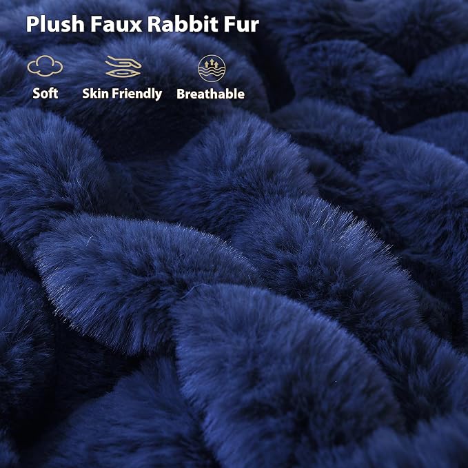 LIFEREVO Luxury Fluffy Faux Rabbit Fur Throw Blanket 50x60, Navy Blue | Plush Bubble Blanket for Bed Couch Sofa Office, Decorative Soft Cute Royal Furry Lap Throw for Kids Teens Adults, Washable