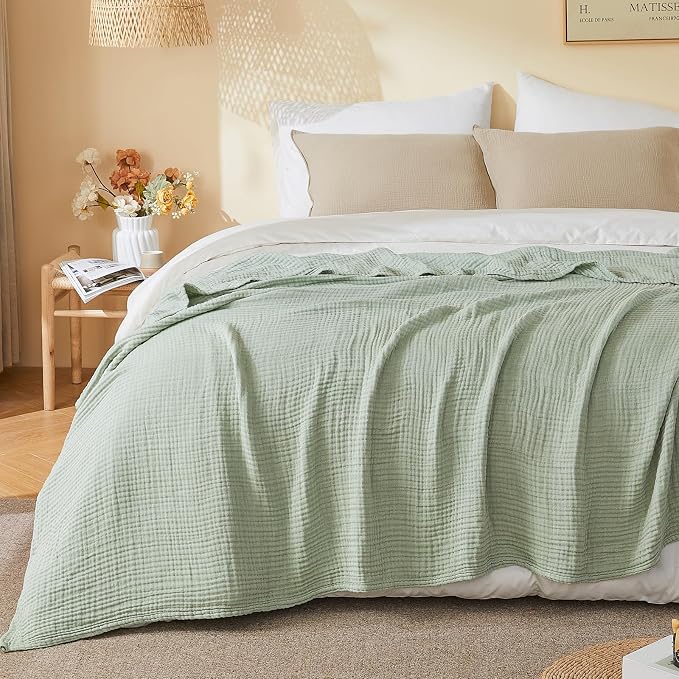 EMME Cotton Muslin Queen Blanket Bed Layering Bedspread Coverlet Breathable Gauze Soft Lightweight Blankets Adults (Heather Sage Green, 90"x90")