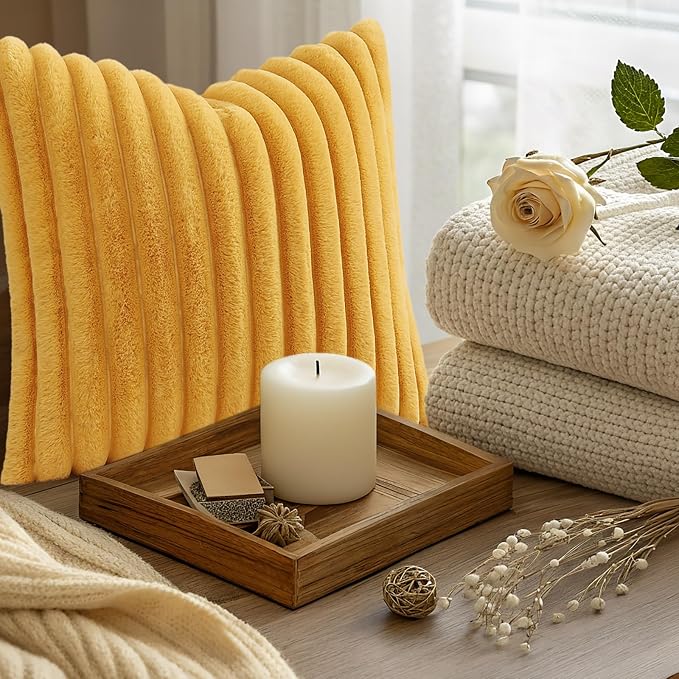 decorUhome Fall Faux Fur Throw Pillow Covers 20x20 Set of 2 Mustard Yellow | Decorative Soft Cozy Striped Plush Modern Farmhouse Boho Couch Pillow Cases Velvet Back for Sofa Bed Living Room Home Decor