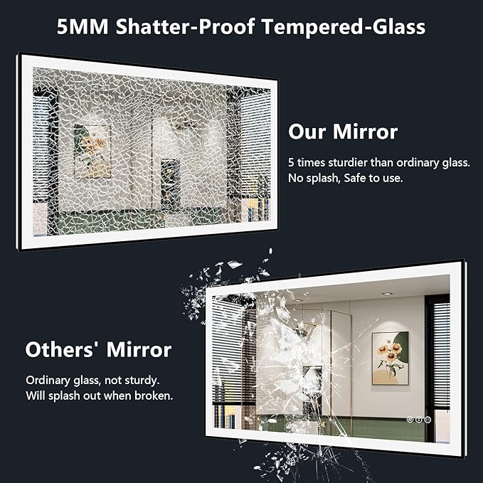 32x36 Inch LED Bathroom Mirror with Lights (Front Lit and Backlit) Black Framed Lighted Vanity Mirror for Bathroom Wall Dimmable Anti-Fog Memory Tempered Glass Horizontal/Vertical