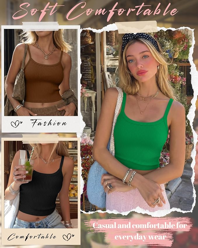 Ficerd 3 Pack Women's Tank Tops 95% Cotton Spaghetti Strap Ribbed Crop Camisole Slim Fitted Basic Summer Sleeveless Layer