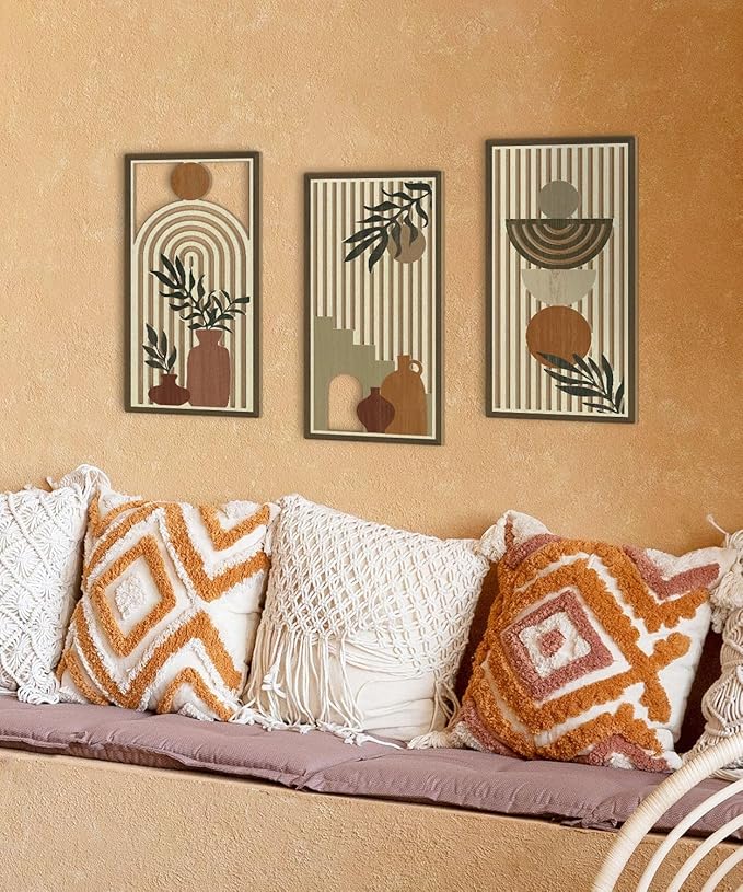 Putuo Decor Boho Wall Art Set of 3, Abstract Geometric Wooden Wall Decor, Mid-Century Modern Aesthetic Artwork with Arch, Vase & Botanical Design for Living Room, Bedroom, Office, 16.5 x 8.6 Inch