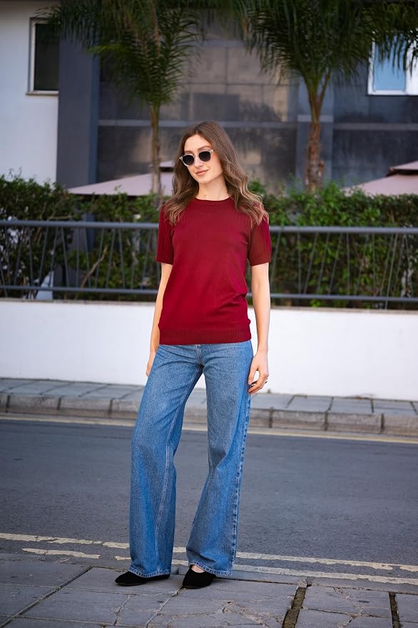 Zeagoo Women's Short Sleeve Sweater Tops 2026 Spring Summer Crew Neck Hollow Out Blouses Dressy Business Casual Outfits