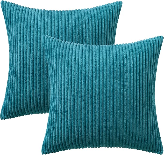 MIULEE Decorative Corduroy Throw Pillow Covers Set of 2 20x20 Teal | Soft Striped Textured Cushion Cases, Boho Coastal Square Pillowcases for Home Decor, for Couch Chair Sofa Bed Living Room