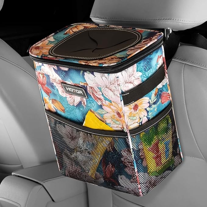 HOTOR Car Trash Can with Lid and Storage Pockets - 100% Leak-Proof Organizer, Waterproof Garbage Can, Multipurpose Trash Bin for Car, 2 Gallons, Blue Flower